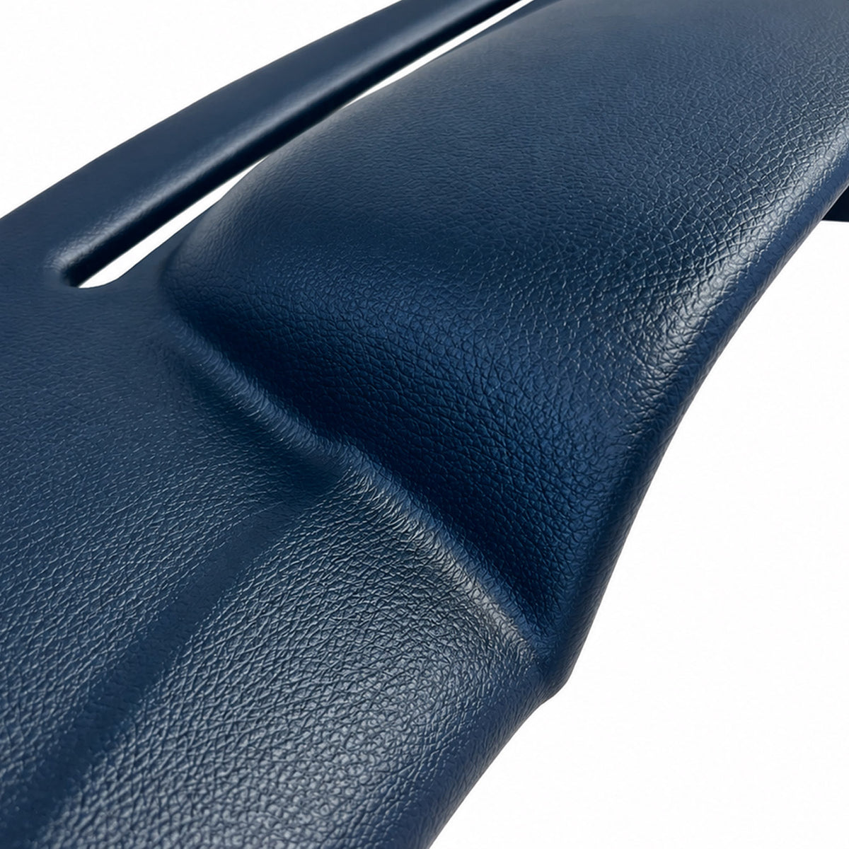 1968-1976 Mercedes-Benz 220-300D E-Class (W114/W115) SoftCap dash cover in blue, close-up of the gauge hood and grain texture