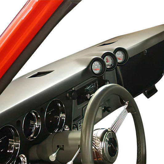 Custom 1967 Chevy C10 dash pad installed featuring 3 auxiliary gauges angled toward the driver