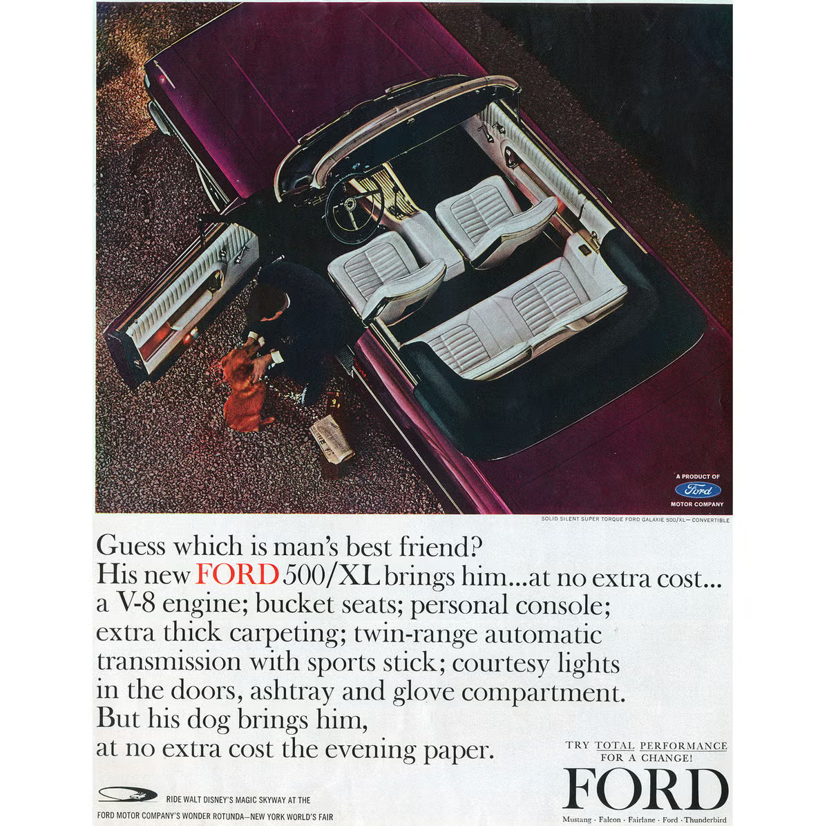 1964 Ford Galaxie 500/XL Autoweek advertisement: "Is Your Dog Your Best Friend... or Is Your Ford Galaxie 500/XL?" — highlighting the "Solid Silent Super Torque" and bucket seat luxury.