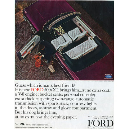 1964 Ford Galaxie 500/XL Autoweek advertisement: "Is Your Dog Your Best Friend... or Is Your Ford Galaxie 500/XL?" — highlighting the "Solid Silent Super Torque" and bucket seat luxury.