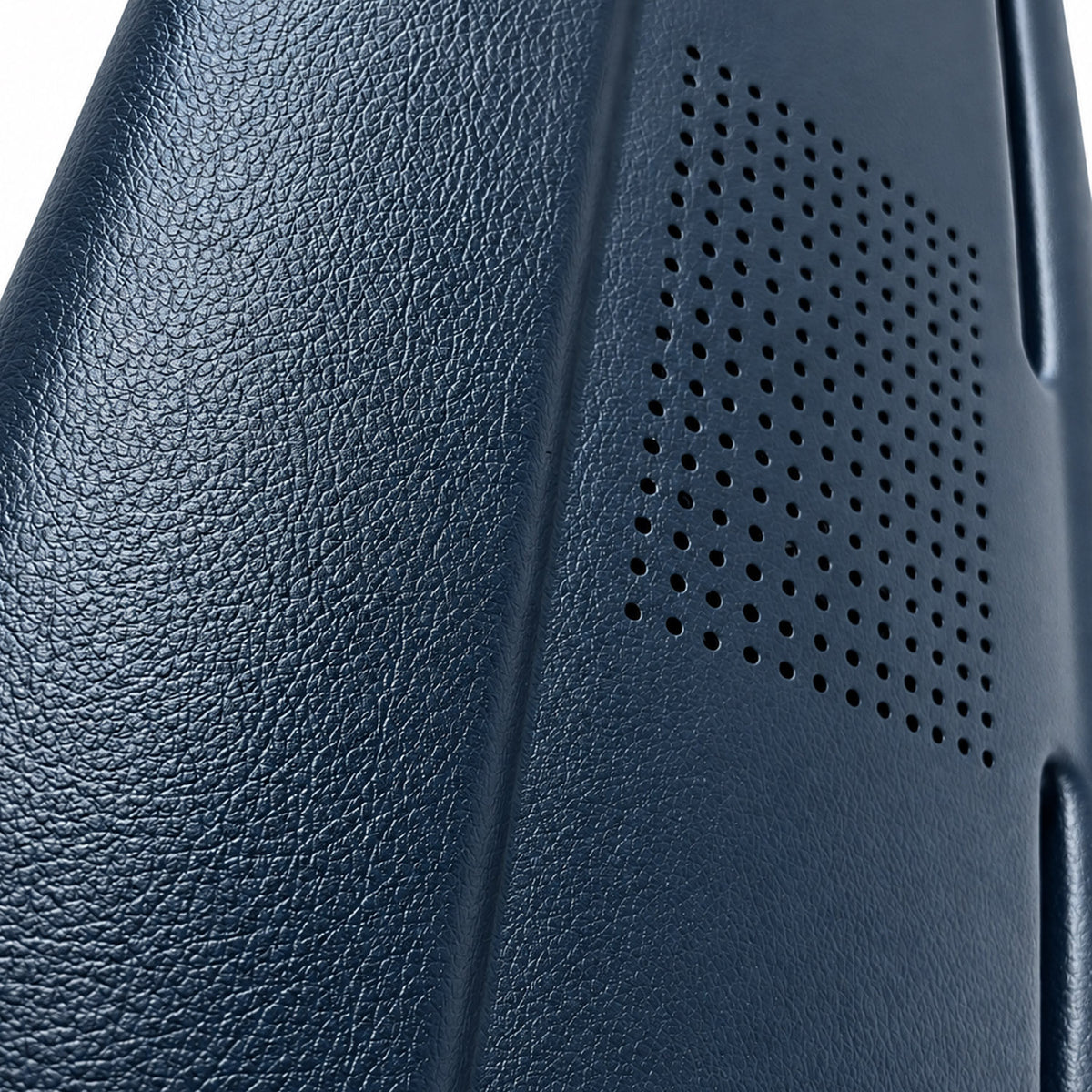 1968-1976 Mercedes-Benz 220-300D E-Class (W114/W115) SoftCap dash cover in blue, close-up of the speaker grille and grain texture