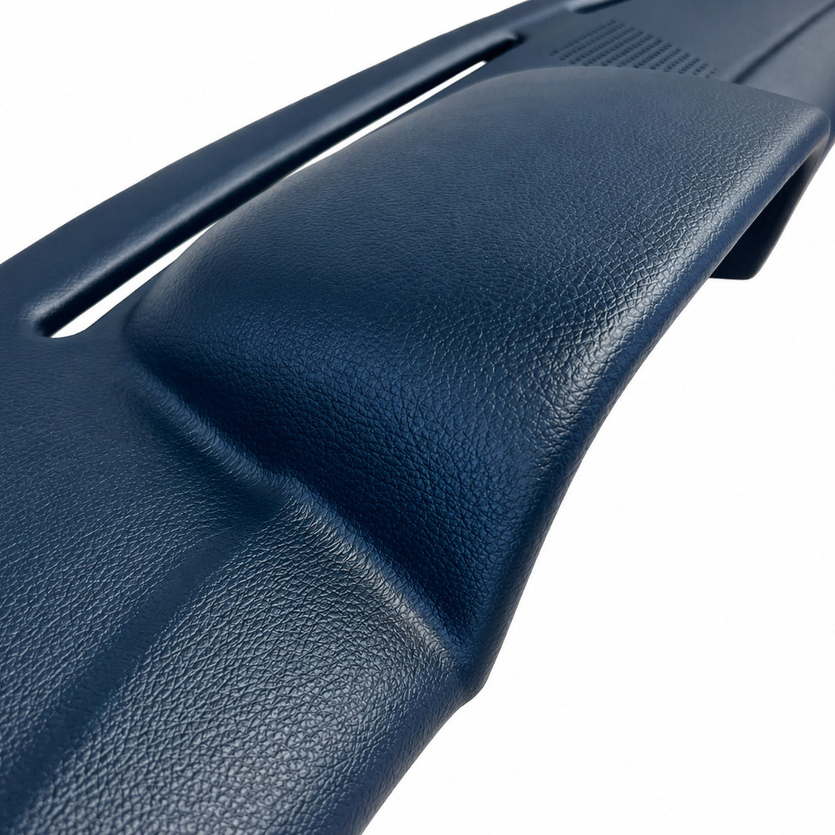 1968-1976 Mercedes-Benz 220-300D E-Class (W114/W115) SoftCap dash cover in blue, close-up of the gauge hood and defroster vent