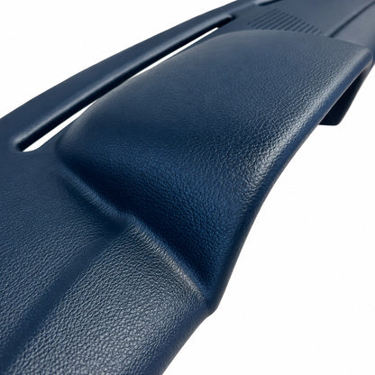 1968-1976 Mercedes-Benz 220-300D E-Class (W114/W115) SoftCap dash cover in blue, close-up of the gauge hood and defroster vent