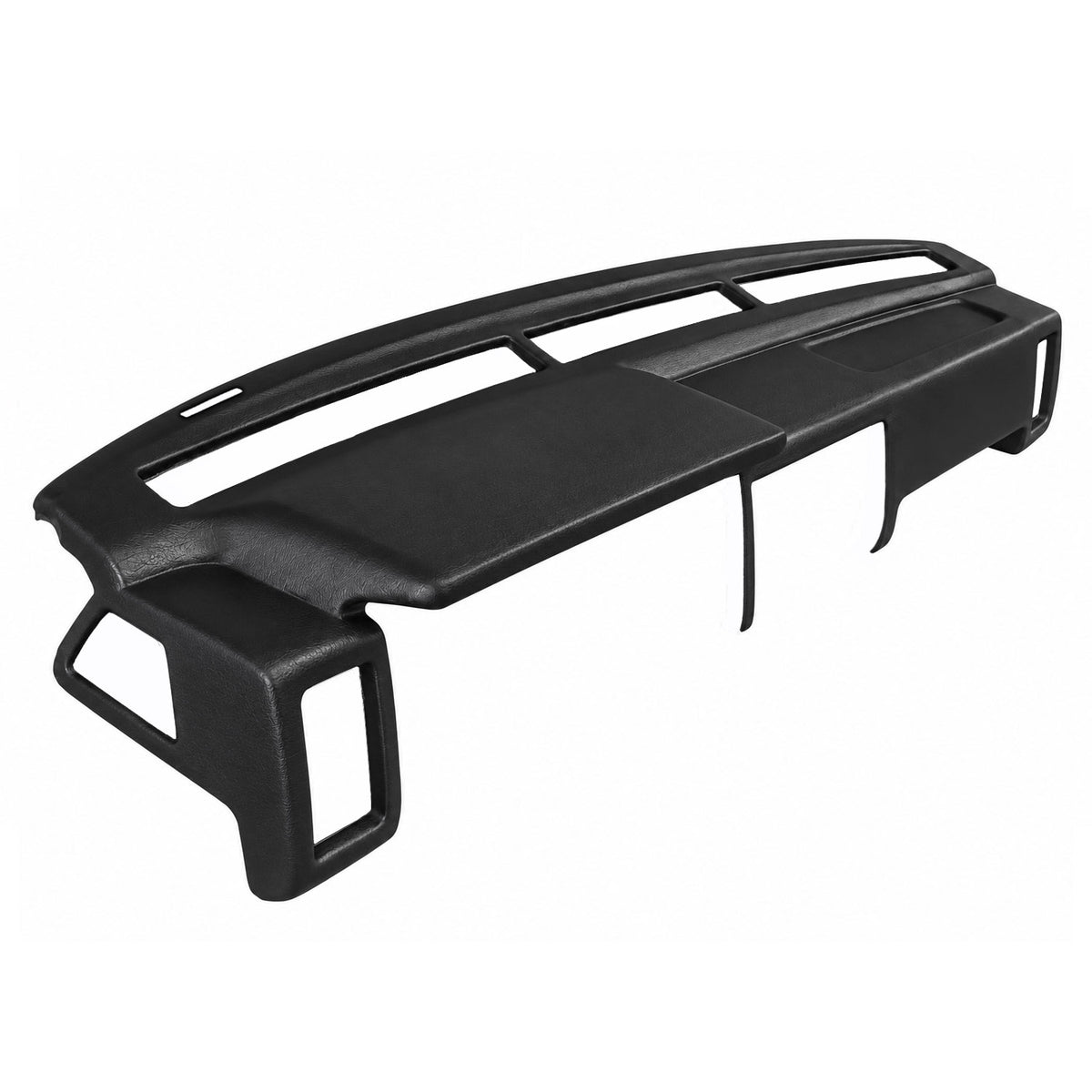 Black SoftCap dash cover for 1986.5-1993 Nissan D21 Hardbody and Pathfinder, angled view of top and defroster vent openings