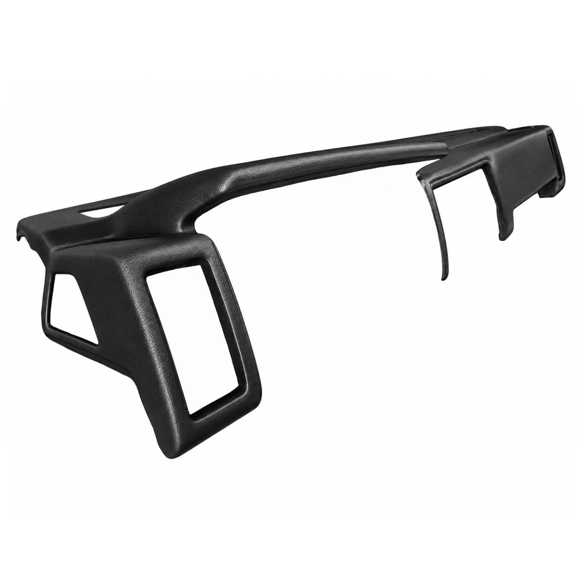 Black SoftCap dash cover for 1986.5-1993 Nissan Hardbody and Pathfinder, end view showing side air vent cutout and instrument hood
