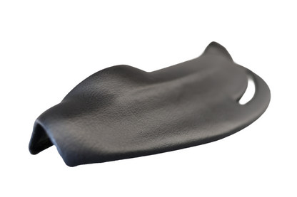 Driver's side view of Just Dashes SoftCap black padded dash cover for 1972-1989 Mercedes-Benz R107 SL and SLC.
