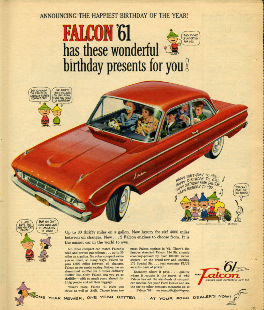 1961 Ford Falcon vintage magazine advertisement featuring Charlie Brown and the Peanuts gang, highlighting "New luxury for six" and the Falcon's world-leading economy and style.