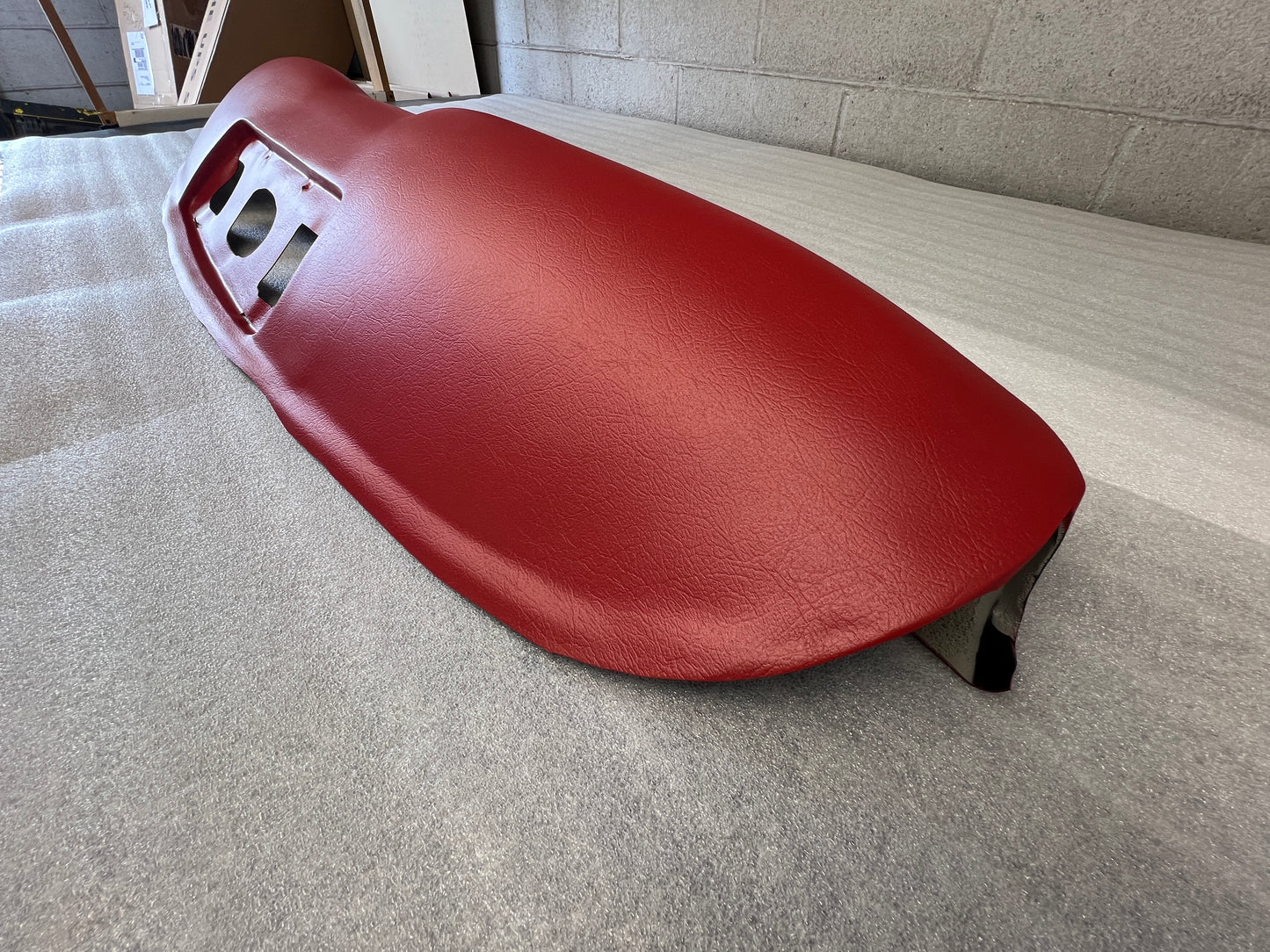 Close-up of Just Dashes custom dyed 1960-1963 Ranchero Dash Pad in period-correct red