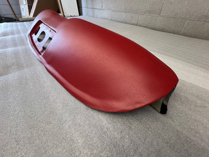 Close-up of Just Dashes custom dyed 1960-1963 Ranchero Dash Pad in period-correct red