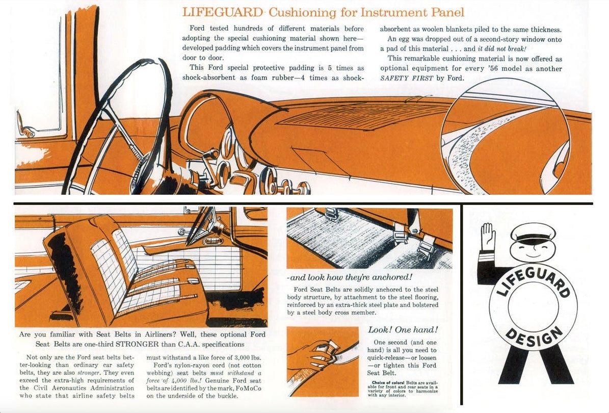 Original 1956 Ford Lifeguard Design advertisement featuring the optional padded instrument panel dash pad.