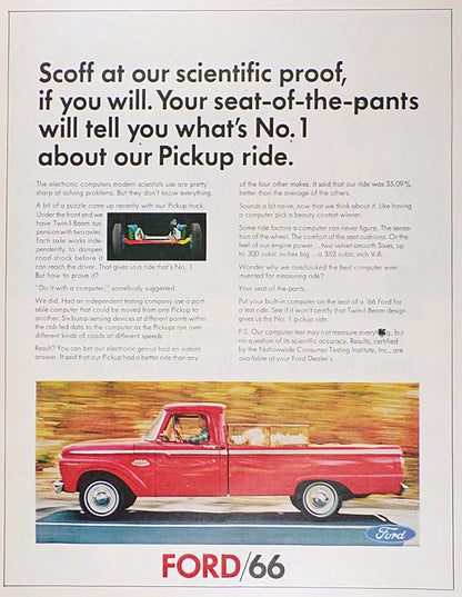 Vintage 1966 Ford F-Series pickup truck magazine advertisement featuring the "World's Smoothest Ride" and Twin I-Beam suspension—a perfect match for our premium interior restoration.
