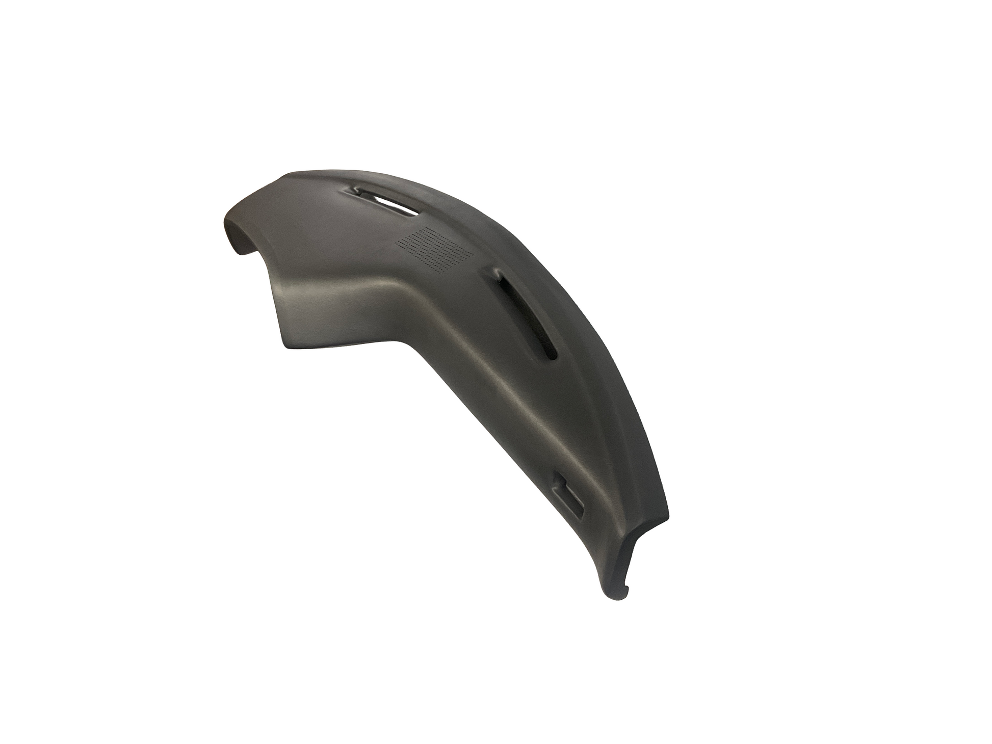 Top angle view of a black vacuum-formed Just Dashes SoftCap dashboard overlay showing molded speaker mesh and vent cutouts.