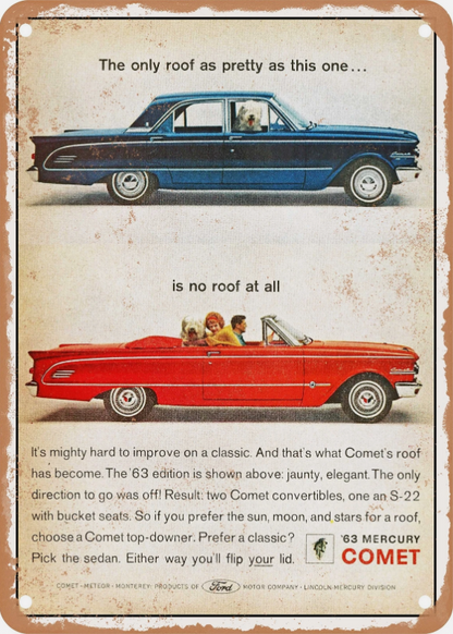 Vintage 1963 Mercury Comet advertisement featuring the S-22 sedan and convertible models with the factory padded dash.