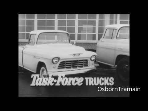 Classic 1955 Chevrolet "Task Force Trucks" commercial highlighting "New Work Styling," "New Cab Comfort," and "Safety"—the pillars of our premium interior restoration products.