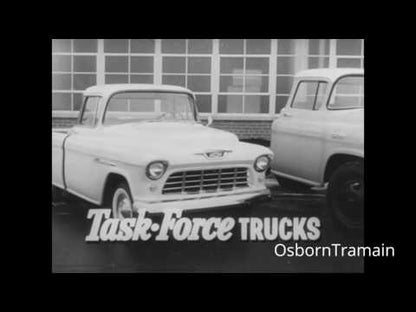 Classic 1955 Chevrolet "Task Force Trucks" commercial highlighting "New Work Styling," "New Cab Comfort," and "Safety"—the pillars of our premium interior restoration products.