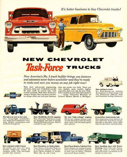 Vintage 1959 Chevrolet Task Force 59 Trucks advertisement from the Saturday Evening Post, highlighting the rugged durability and iconic design of the Apache and Fleetside models.